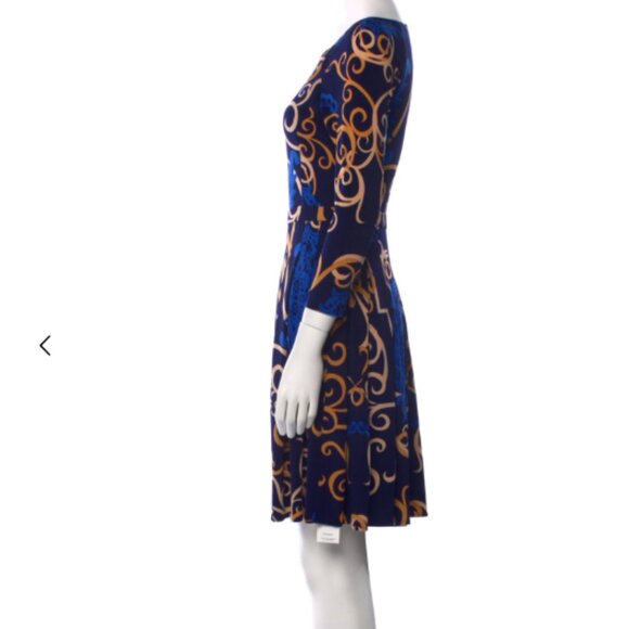 Tibi Baroque Print Mini Dress XS Blue Gold Fit Flare Pleated A Line Cocktail - Picture 3 of 6